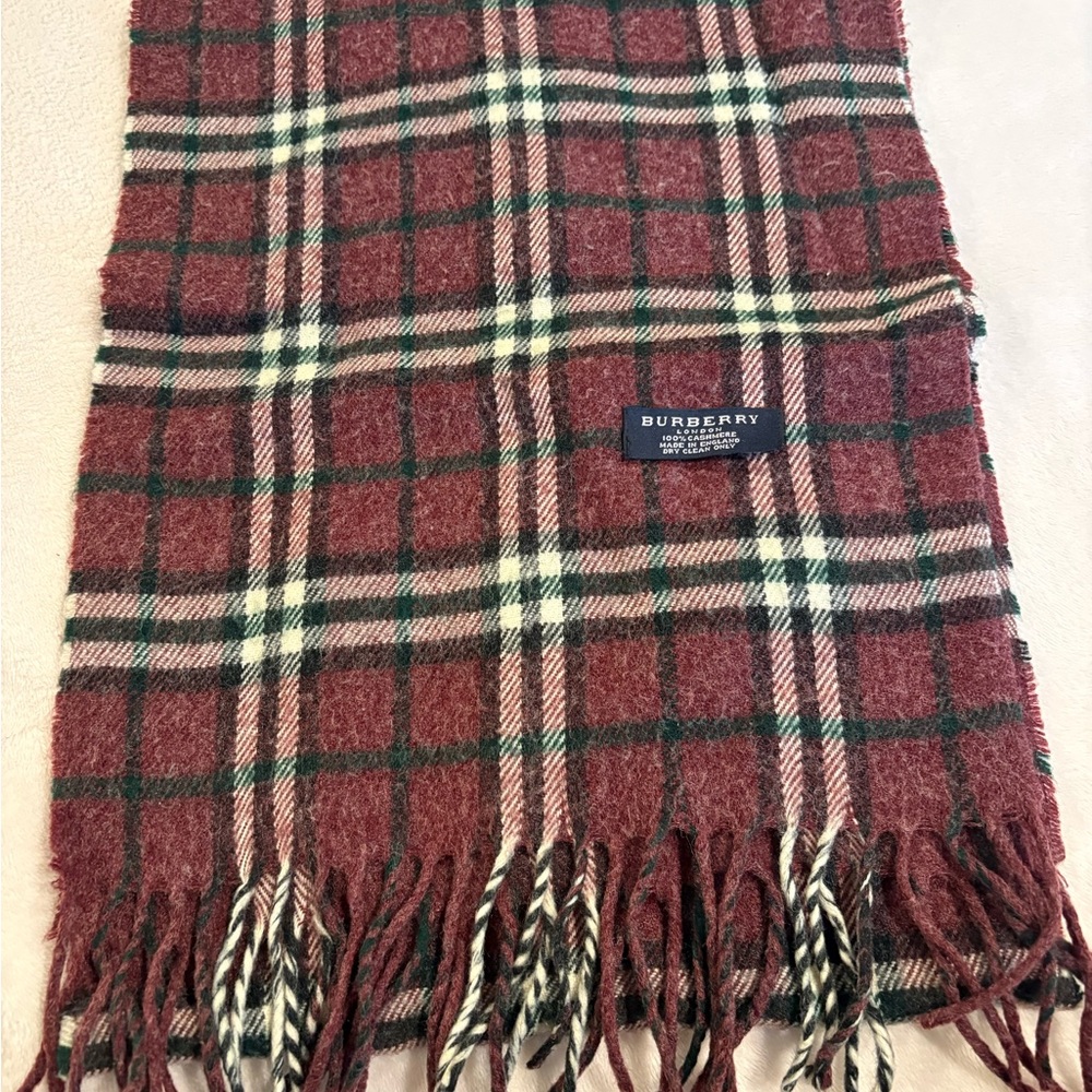 Burberry Burgundy and Cream Checkered Cashmere Scarf